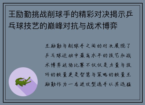 王励勤挑战削球手的精彩对决揭示乒乓球技艺的巅峰对抗与战术博弈